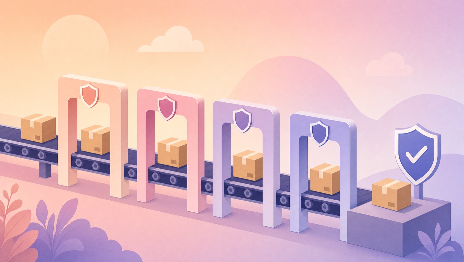 An illustration of boxes on a conveyor belt passing through four gates, each marked with a shield.