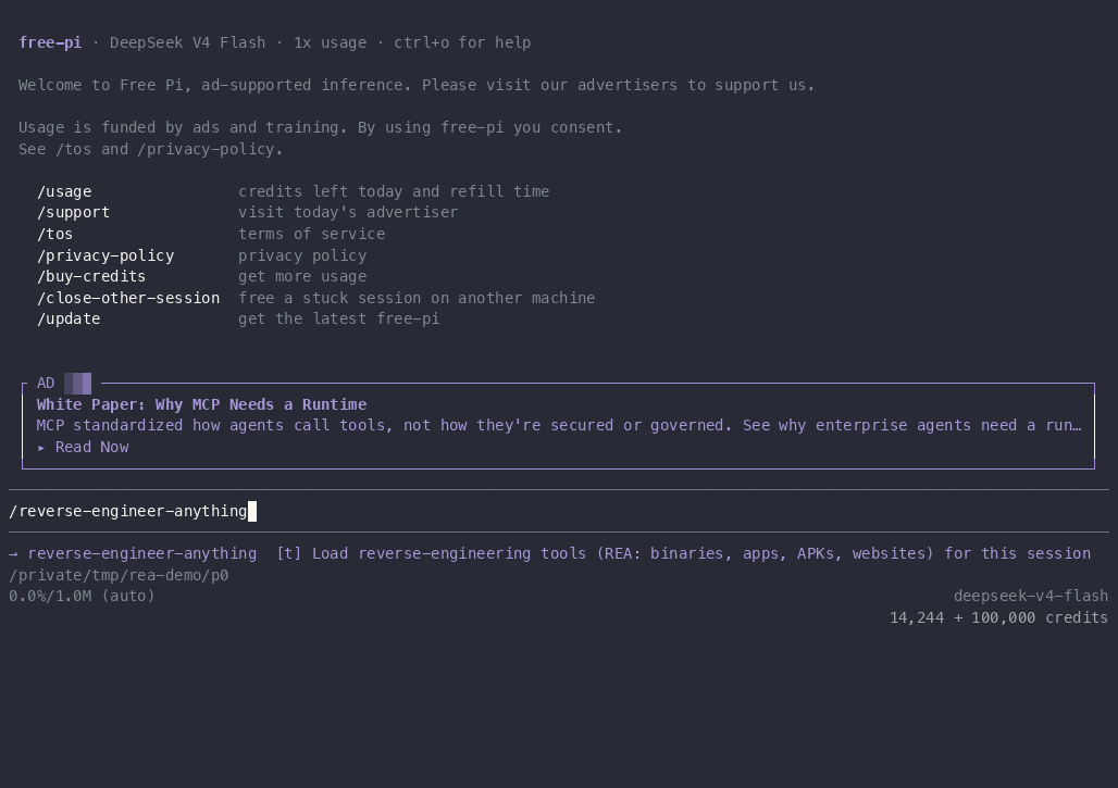 A recorded free-pi session: /reverse-engineer-anything, /mcp, then the gh inspection. Sped up 8x.