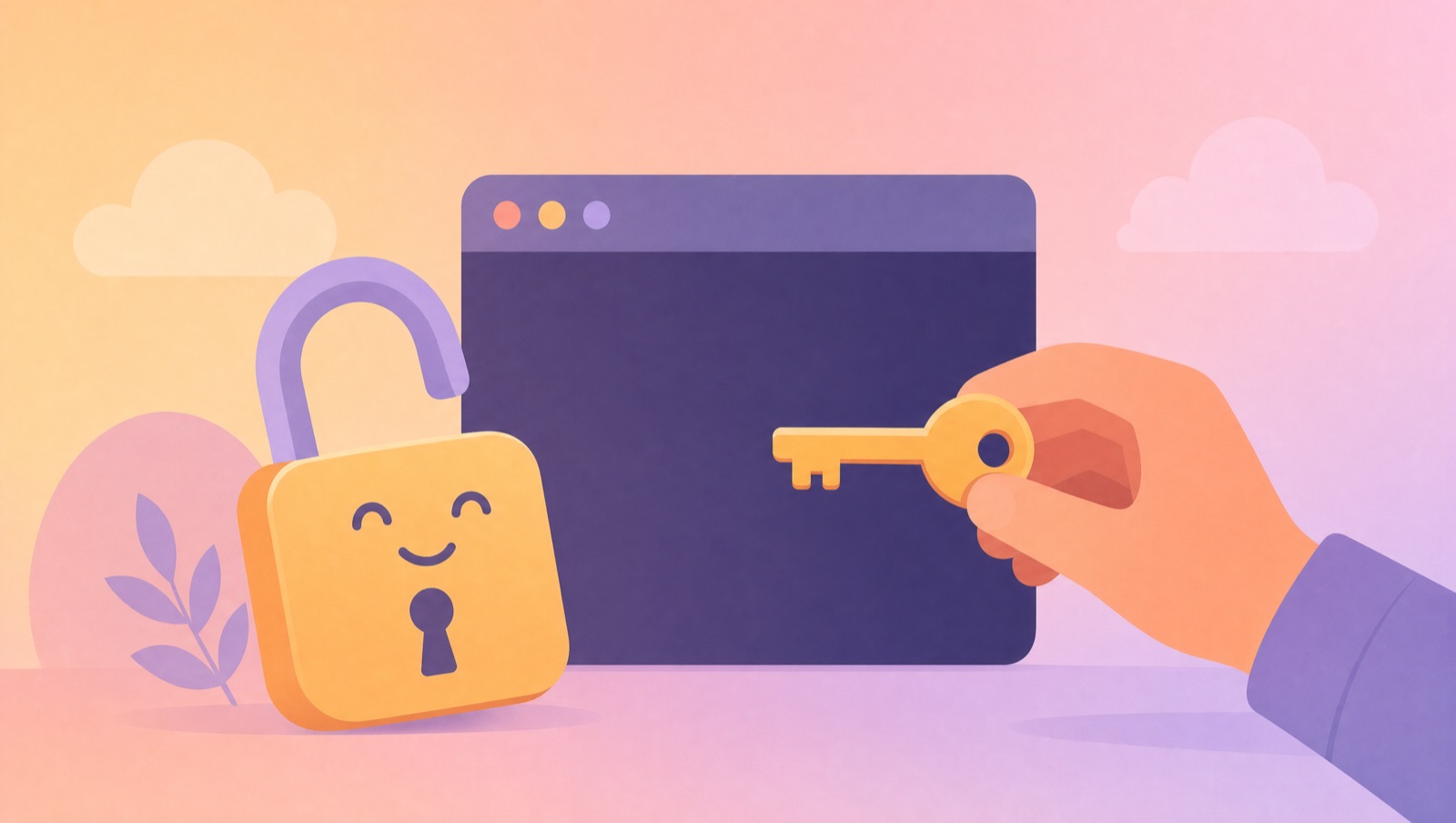 An illustration of an unlocked padlock next to a terminal window, with a hand holding a key.